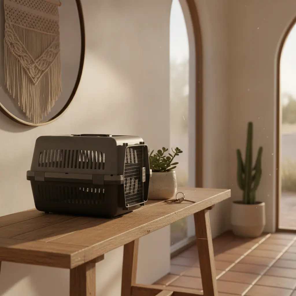 A travel crate for an animal rests on a wooden table in a sunlit room as part of the exotic pet rentals Phoenix process.