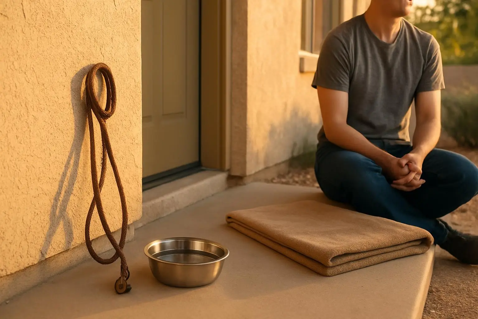 Man sits on a doorstep at sunset with a metal dog bowl, folded blanket, and a coiled leash nearby.