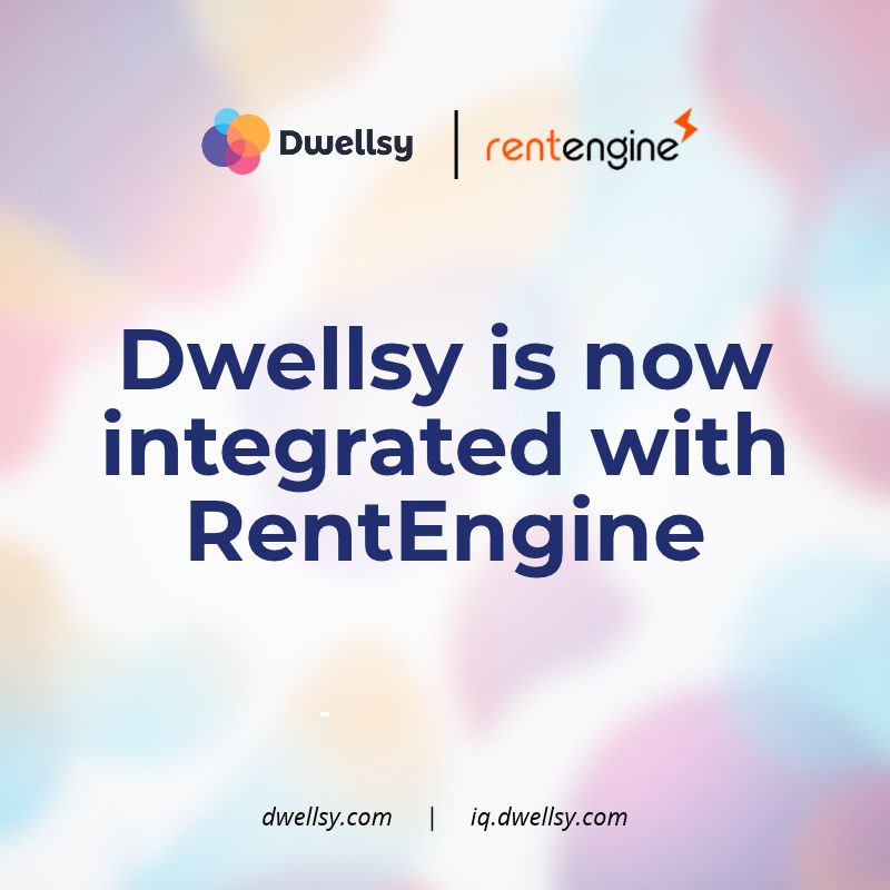 Announcement: Dwellsy is now integrated with RentEngine, with logos at the top on a soft pastel background and site URLs at the bottom.] , and